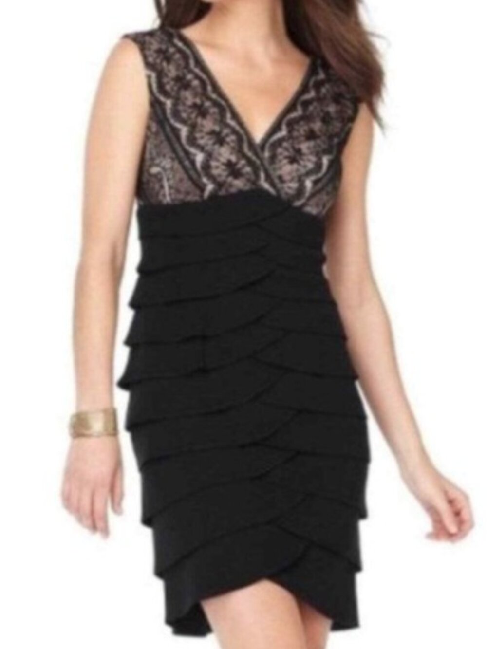 Adrianna Papell Black Lace Shutter Pleat Cocktail Dress Size 6